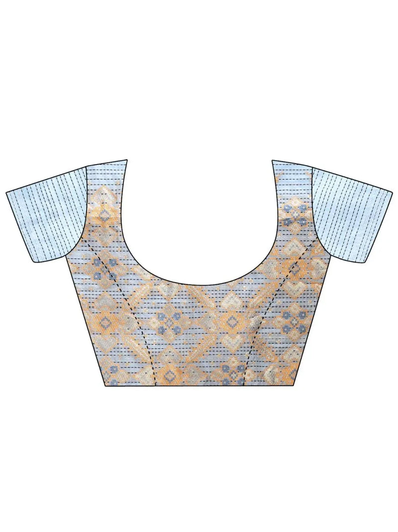 Sky Blue Cotton Saree With Blouse Piece - EZBER