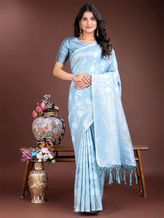 Sky Blue Cotton Saree With Blouse Piece - EZBER