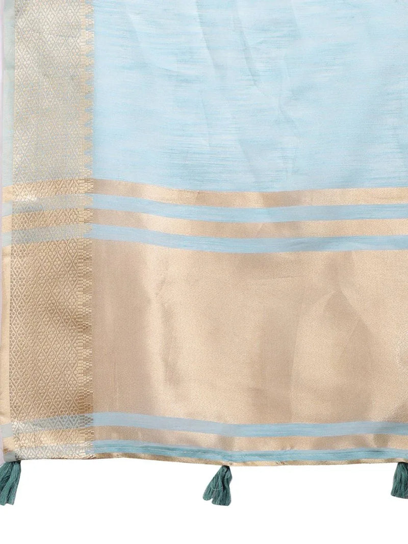 Sky Blue Cotton Saree With Blouse Piece - EZBER