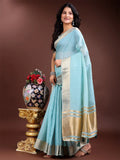 Sky Blue Cotton Saree With Blouse Piece - EZBER