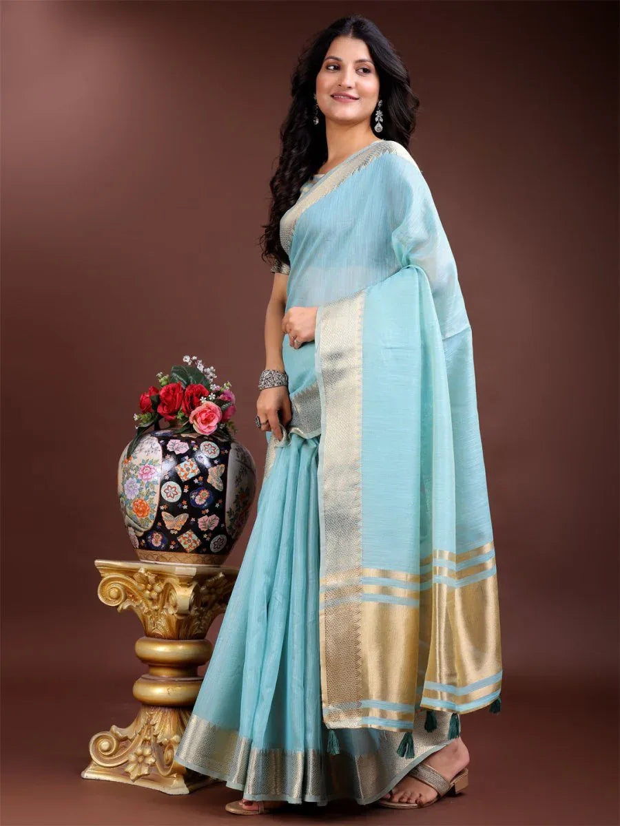 Sky Blue Cotton Saree With Blouse Piece - EZBER