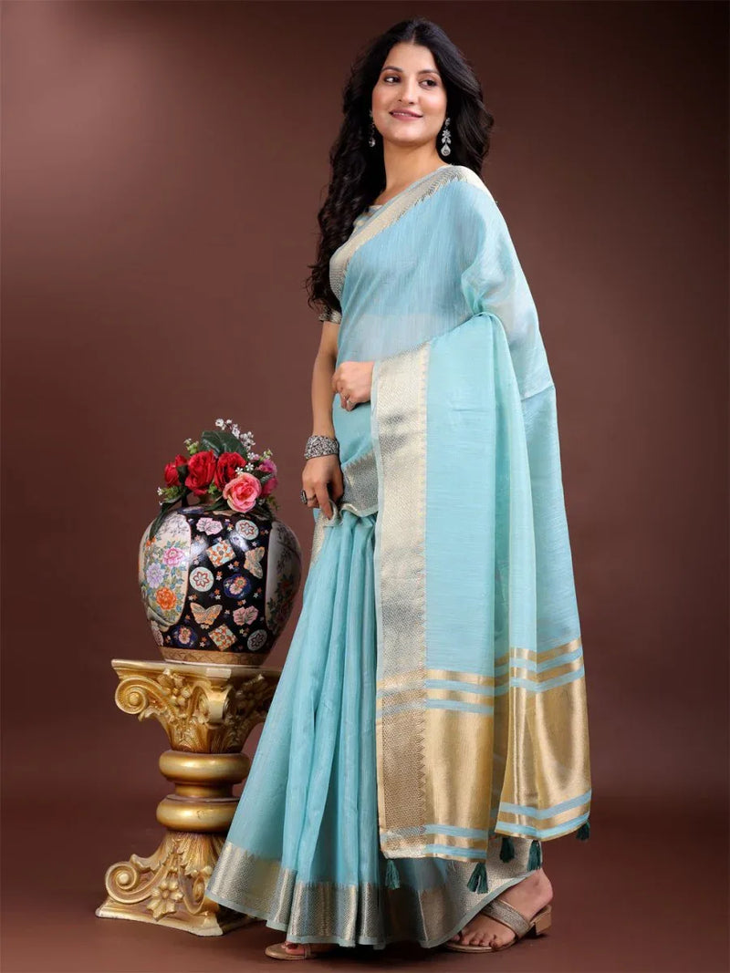Sky Blue Cotton Saree With Blouse Piece - EZBER