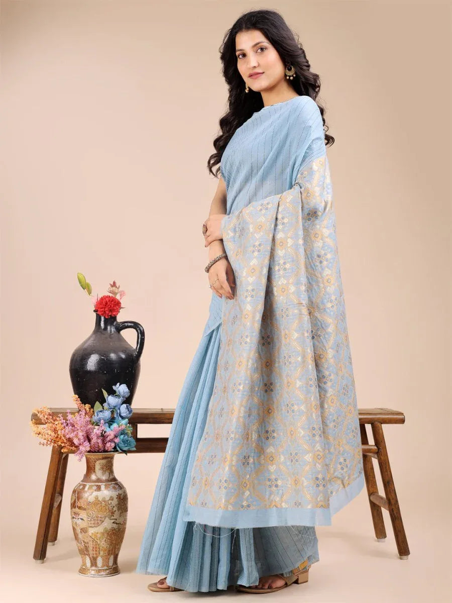 Sky Blue Cotton Saree With Blouse Piece - EZBER