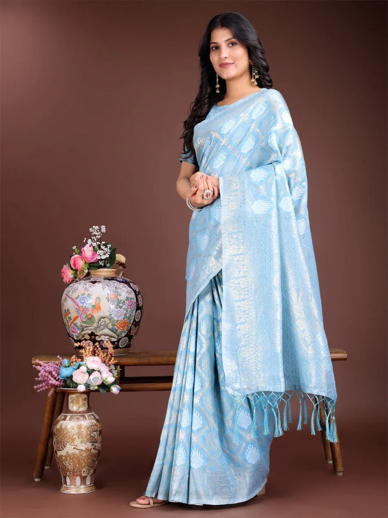 Sky Blue Cotton Saree With Blouse Piece - EZBER