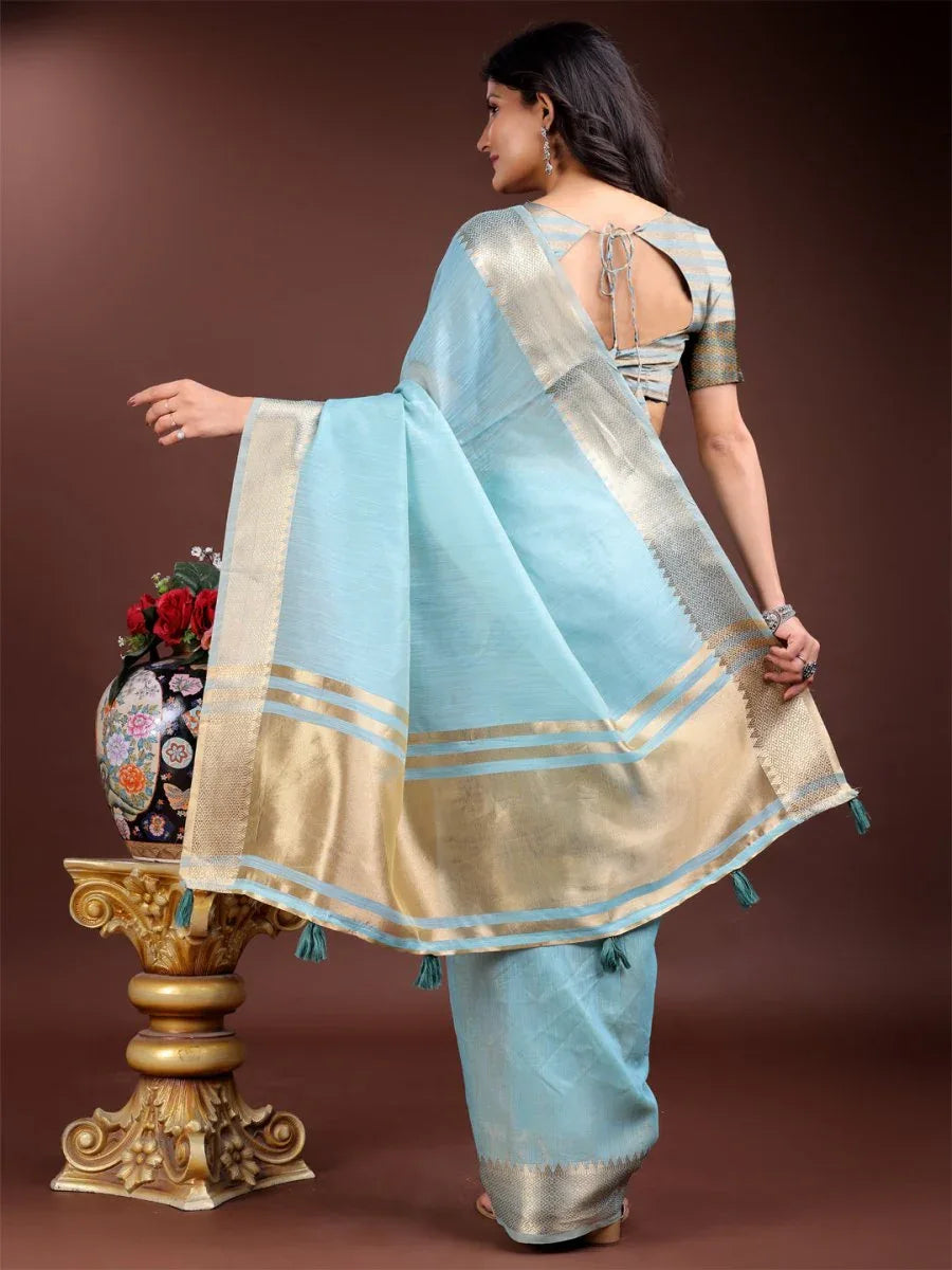 Sky Blue Cotton Saree With Blouse Piece - EZBER