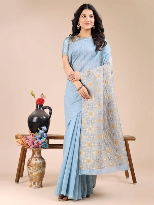 Sky Blue Cotton Saree With Blouse Piece - EZBER