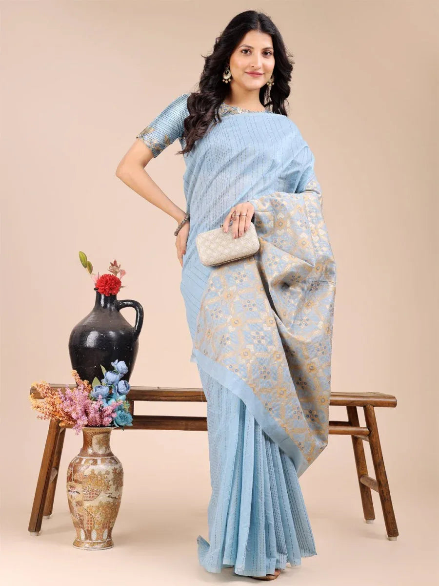 Sky Blue Cotton Saree With Blouse Piece - EZBER