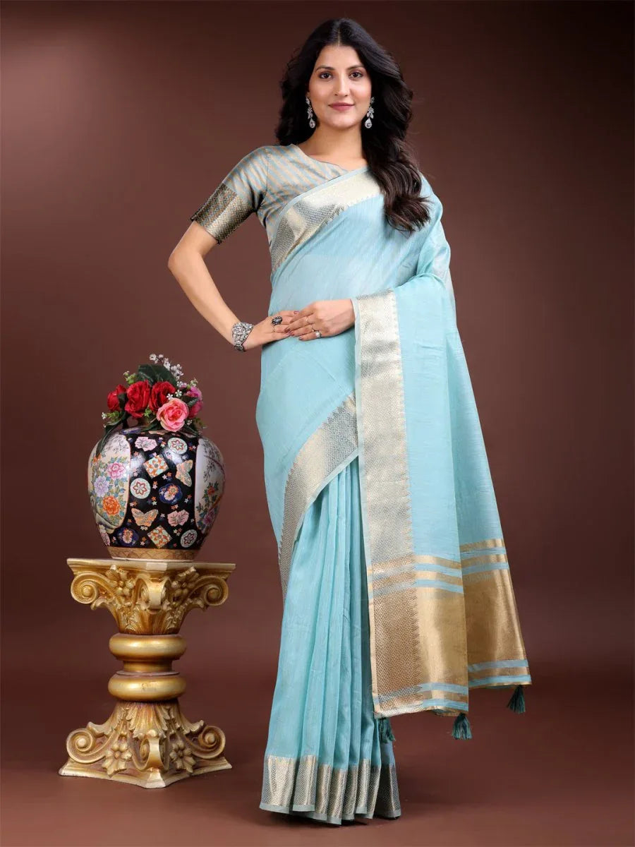 Sky Blue Cotton Saree With Blouse Piece - EZBER