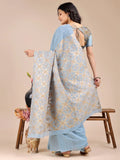 Sky Blue Cotton Saree With Blouse Piece - EZBER