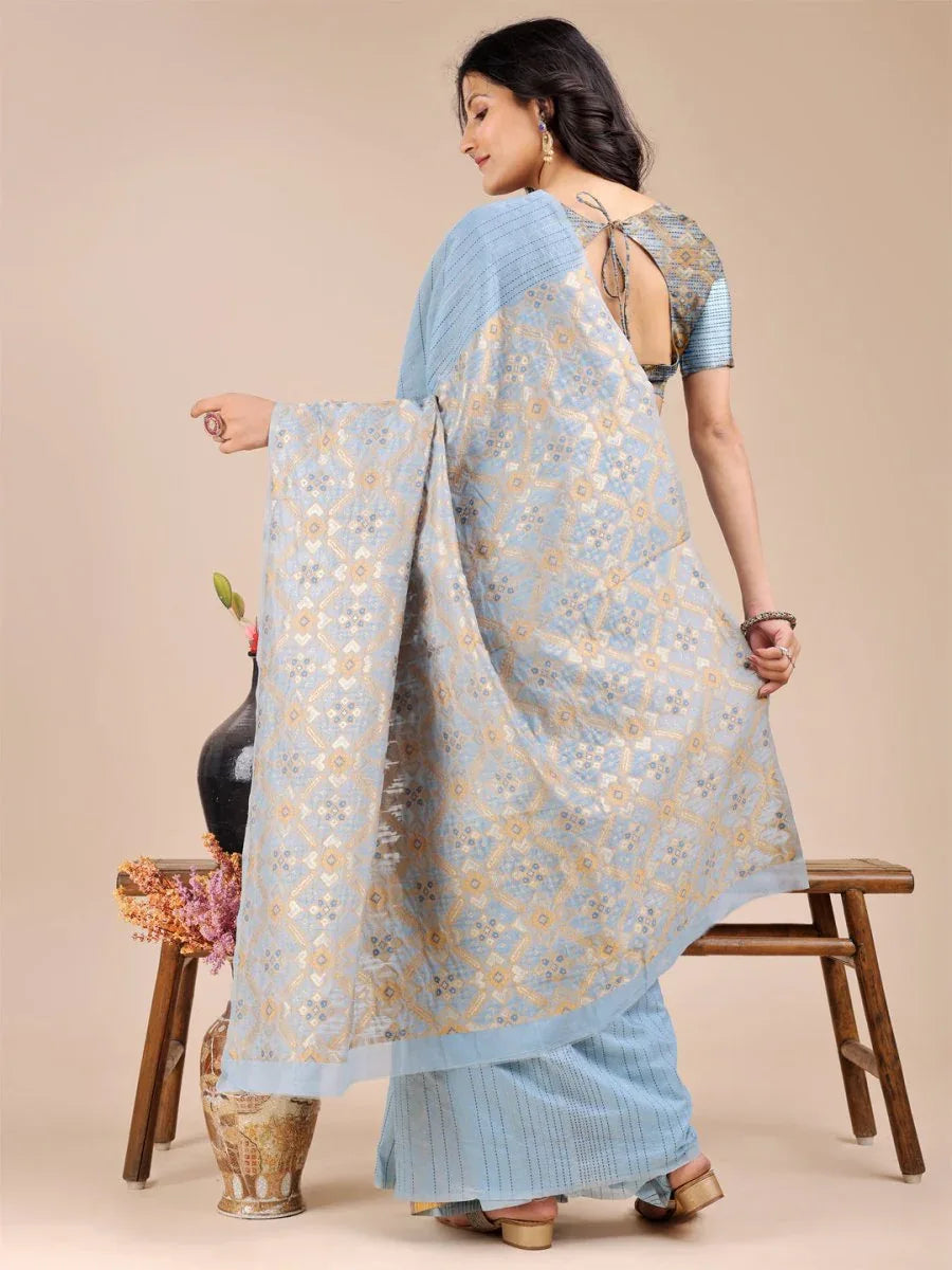 Sky Blue Cotton Saree With Blouse Piece - EZBER