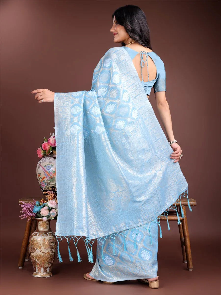 Sky Blue Cotton Saree With Blouse Piece - EZBER