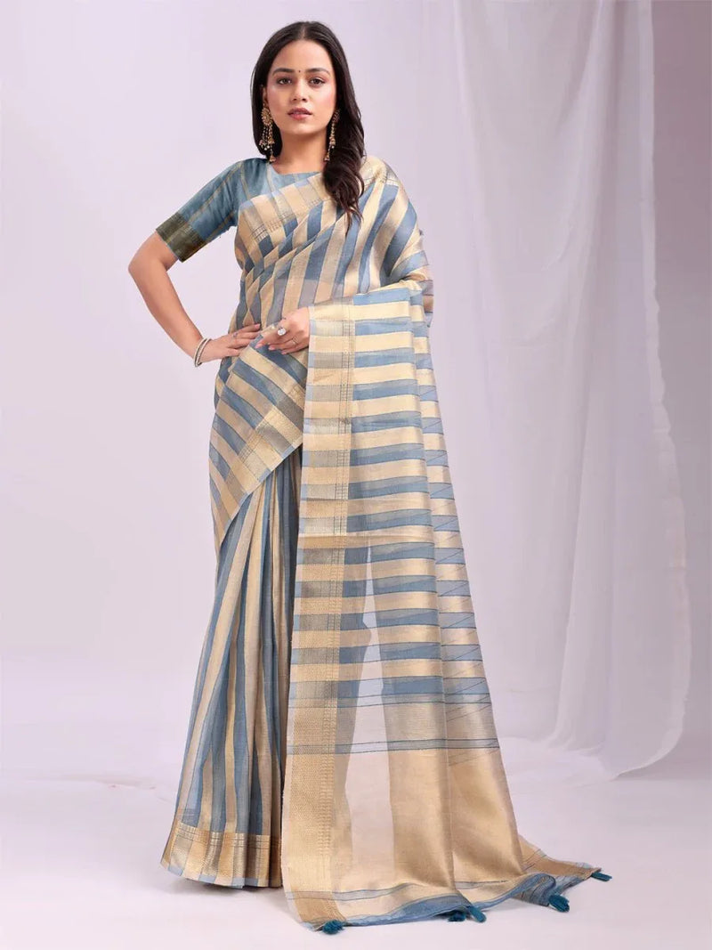 Sky Blue FOSHAN Organza Saree with Blouse Piece - EZBER