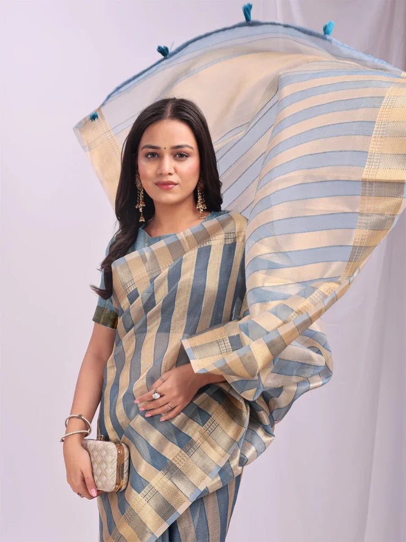 Sky Blue FOSHAN Organza Saree with Blouse Piece - EZBER