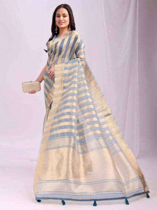 Sky Blue FOSHAN Organza Saree with Blouse Piece - EZBER