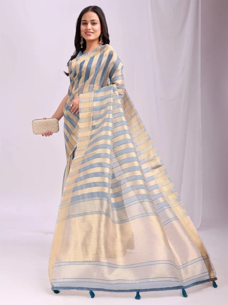 Sky Blue FOSHAN Organza Saree with Blouse Piece - EZBER