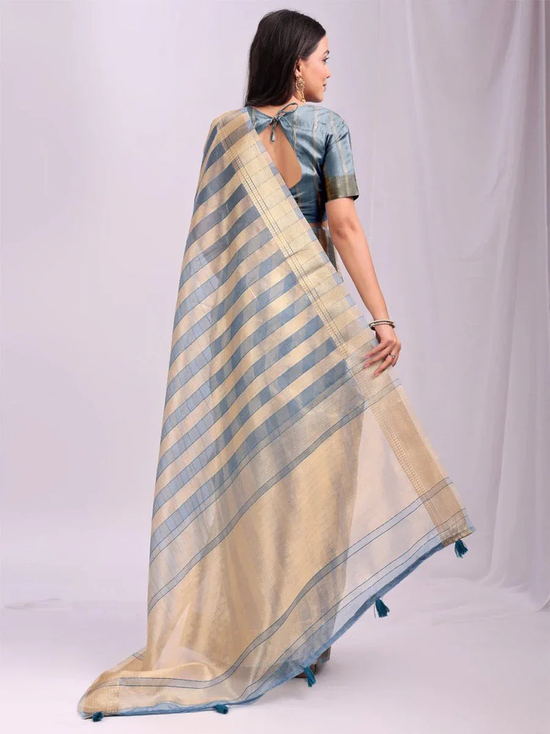Sky Blue FOSHAN Organza Saree with Blouse Piece - EZBER
