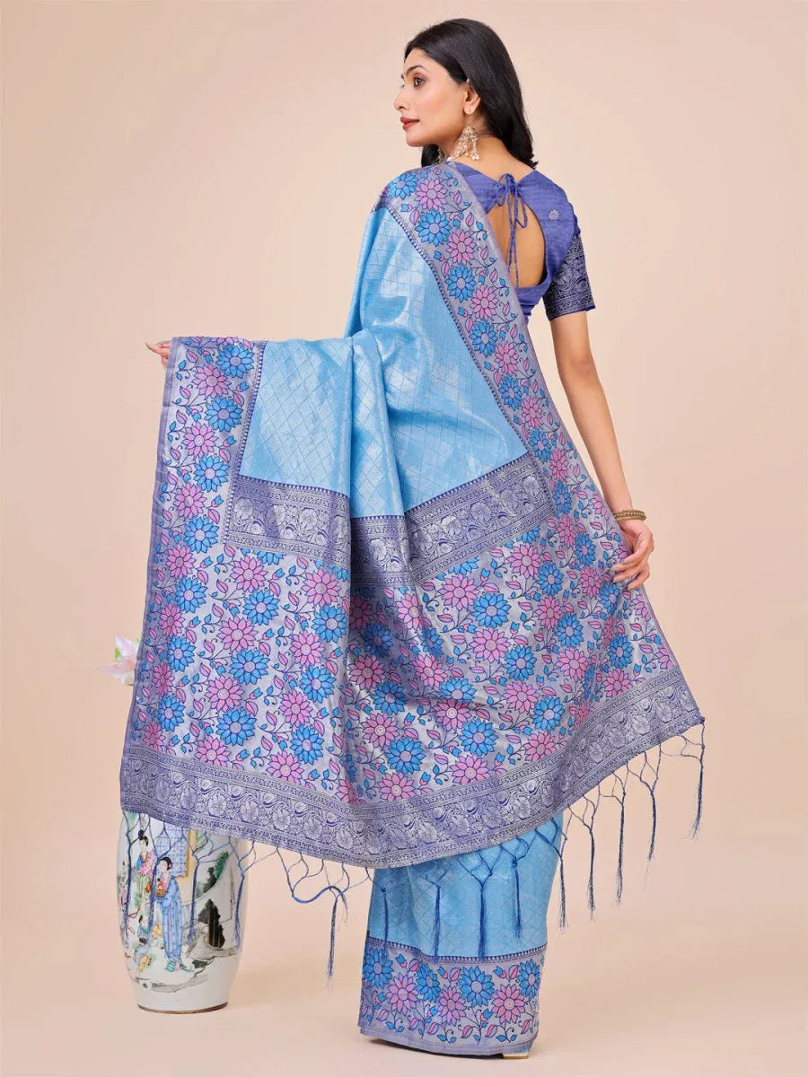 Sky Blue Lichi Silk Saree With Blouse Piece - EZBER