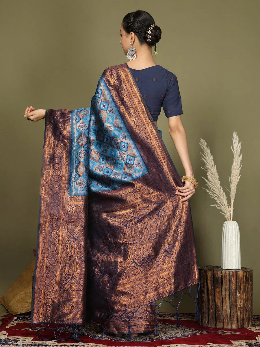 Sky Blue Lichi Silk Saree With Blouse Piece - EZBER