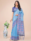 Sky Blue Lichi Silk Saree With Blouse Piece - EZBER