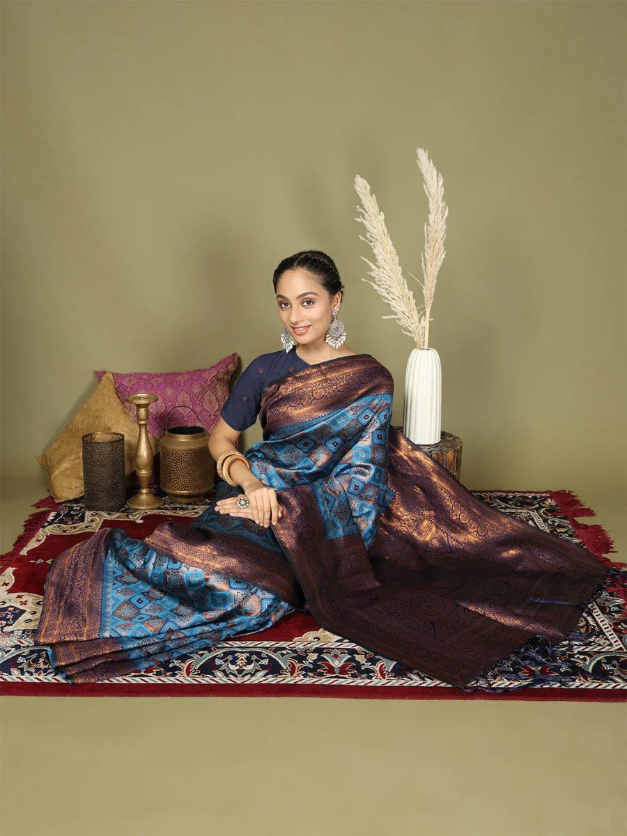 Sky Blue Lichi Silk Saree With Blouse Piece - EZBER
