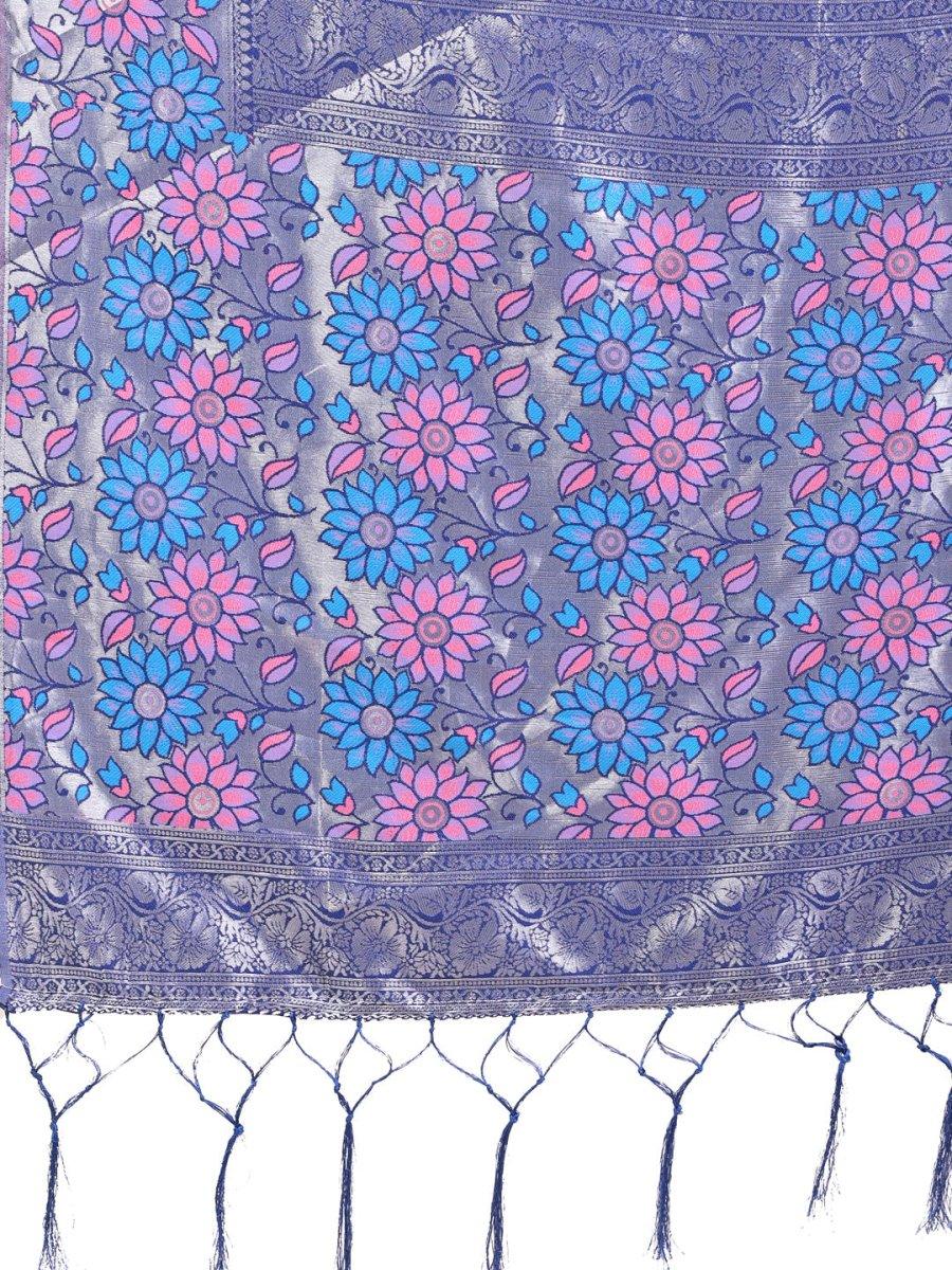 Sky Blue Lichi Silk Saree With Blouse Piece - EZBER