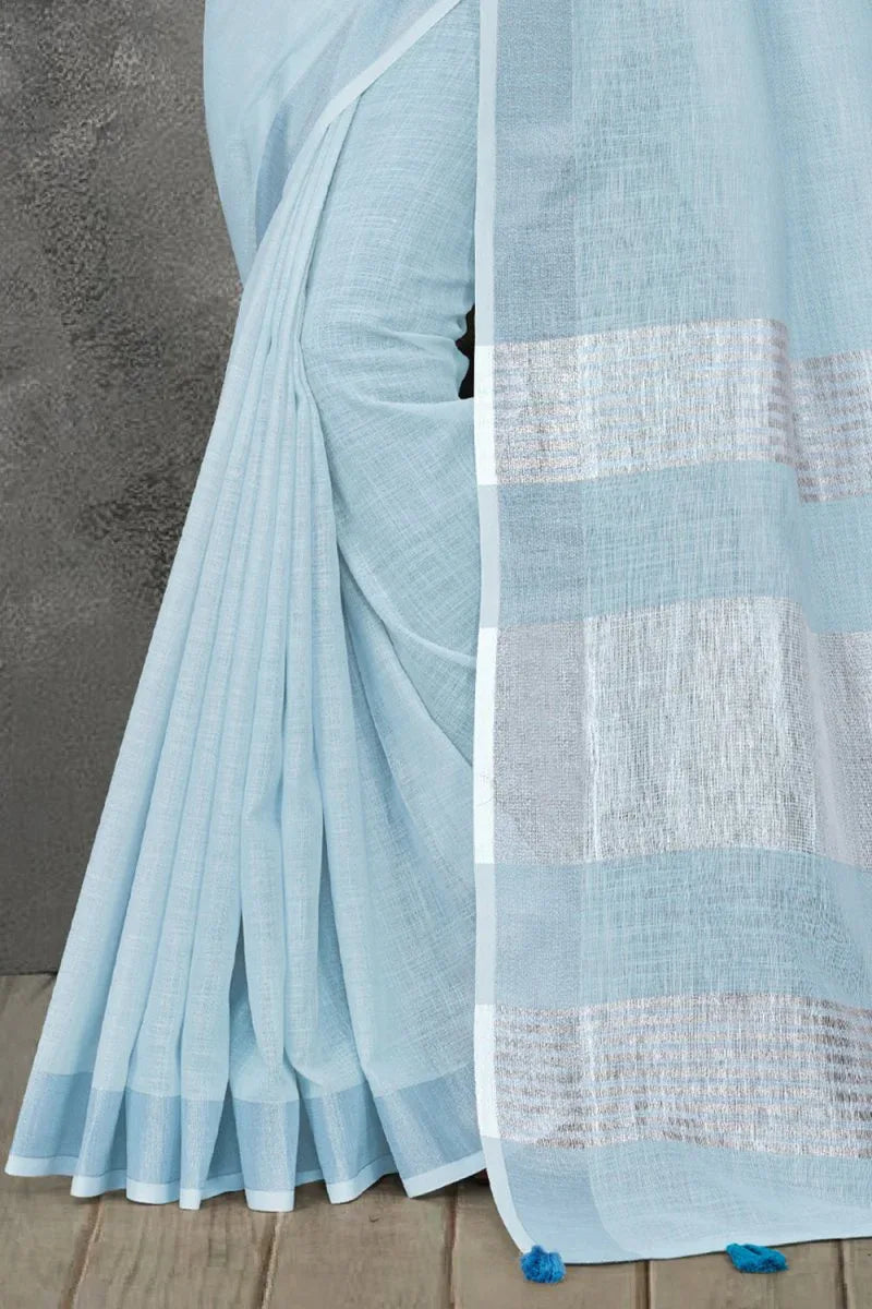 Sky Blue Linen Blend Saree - EZBER