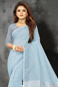 Sky Blue Linen Blend Saree - EZBER
