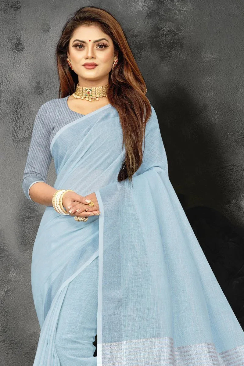 Sky Blue Linen Blend Saree - EZBER