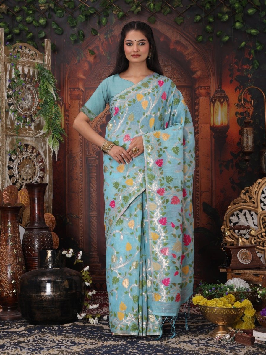 Sky Blue Linen Cotton Brocade Saree | EZB SI04 ASGUL2003 - EZBER