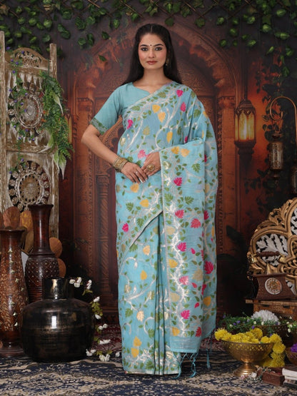 Sky Blue Linen Cotton Brocade Saree | EZB SI04 ASGUL2003 - EZBER
