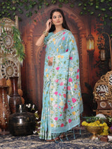 Sky Blue Linen Cotton Brocade Saree | EZB SI04 ASGUL2003