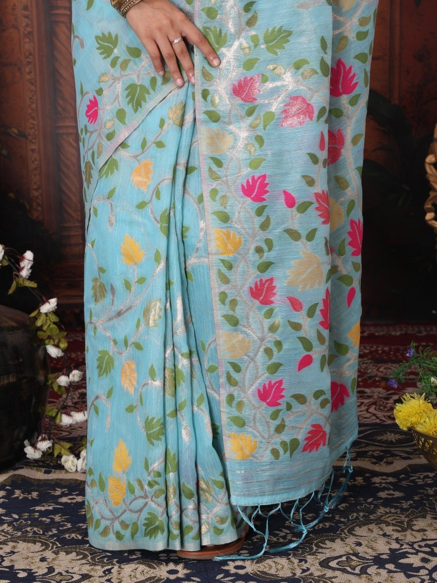 Sky Blue Linen Cotton Brocade Saree | EZB SI04 ASGUL2003 - EZBER