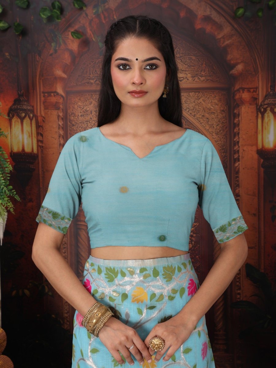 Sky Blue Linen Cotton Brocade Saree | EZB SI04 ASGUL2003 - EZBER
