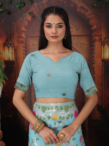 Sky Blue Linen Cotton Brocade Saree | EZB SI04 ASGUL2003 - EZBER