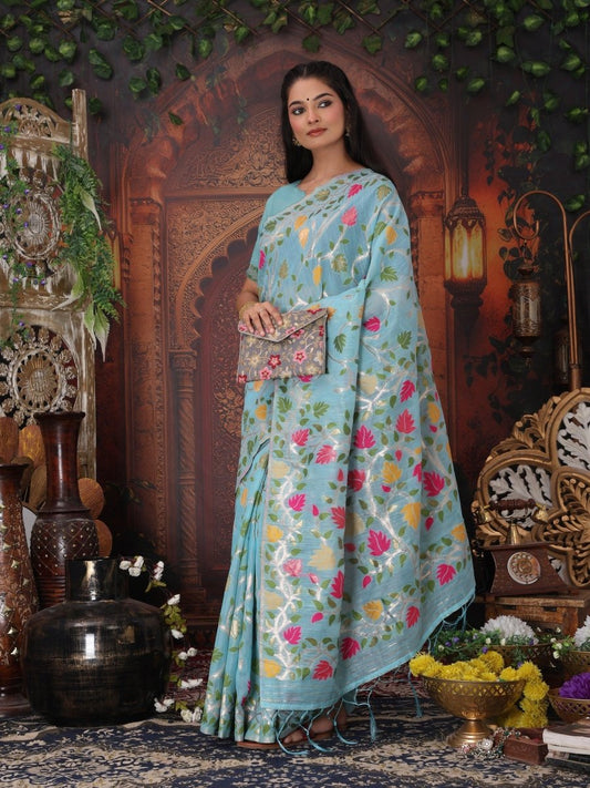 Sky Blue Linen Cotton Brocade Saree | EZB SI04 ASGUL2003 - EZBER