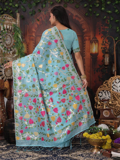 Sky Blue Linen Cotton Brocade Saree | EZB SI04 ASGUL2003 - EZBER