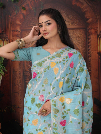 Sky Blue Linen Cotton Brocade Saree | EZB SI04 ASGUL2003 - EZBER