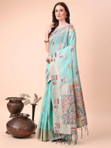 Sky Blue Linen Cotton Brocade Saree | EZB SI04 ASLIN1004