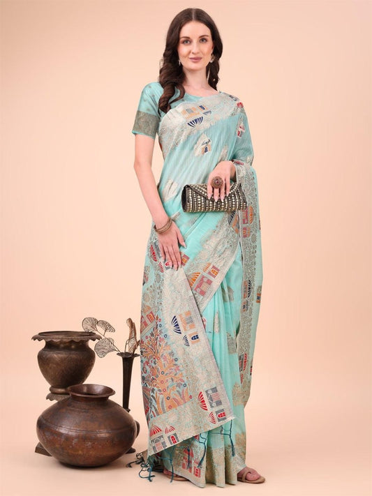 Sky Blue Linen Cotton Brocade Saree | EZB SI04 ASLIN1004 - EZBER