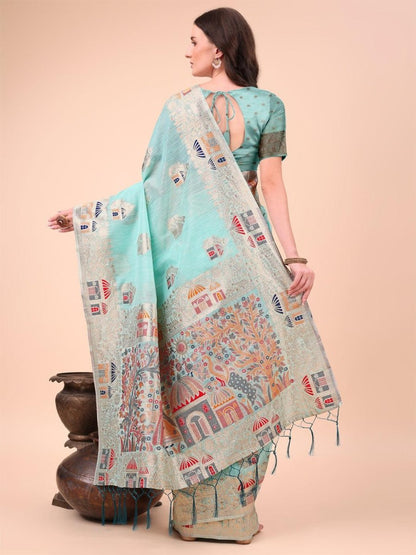 Sky Blue Linen Cotton Brocade Saree | EZB SI04 ASLIN1004 - EZBER