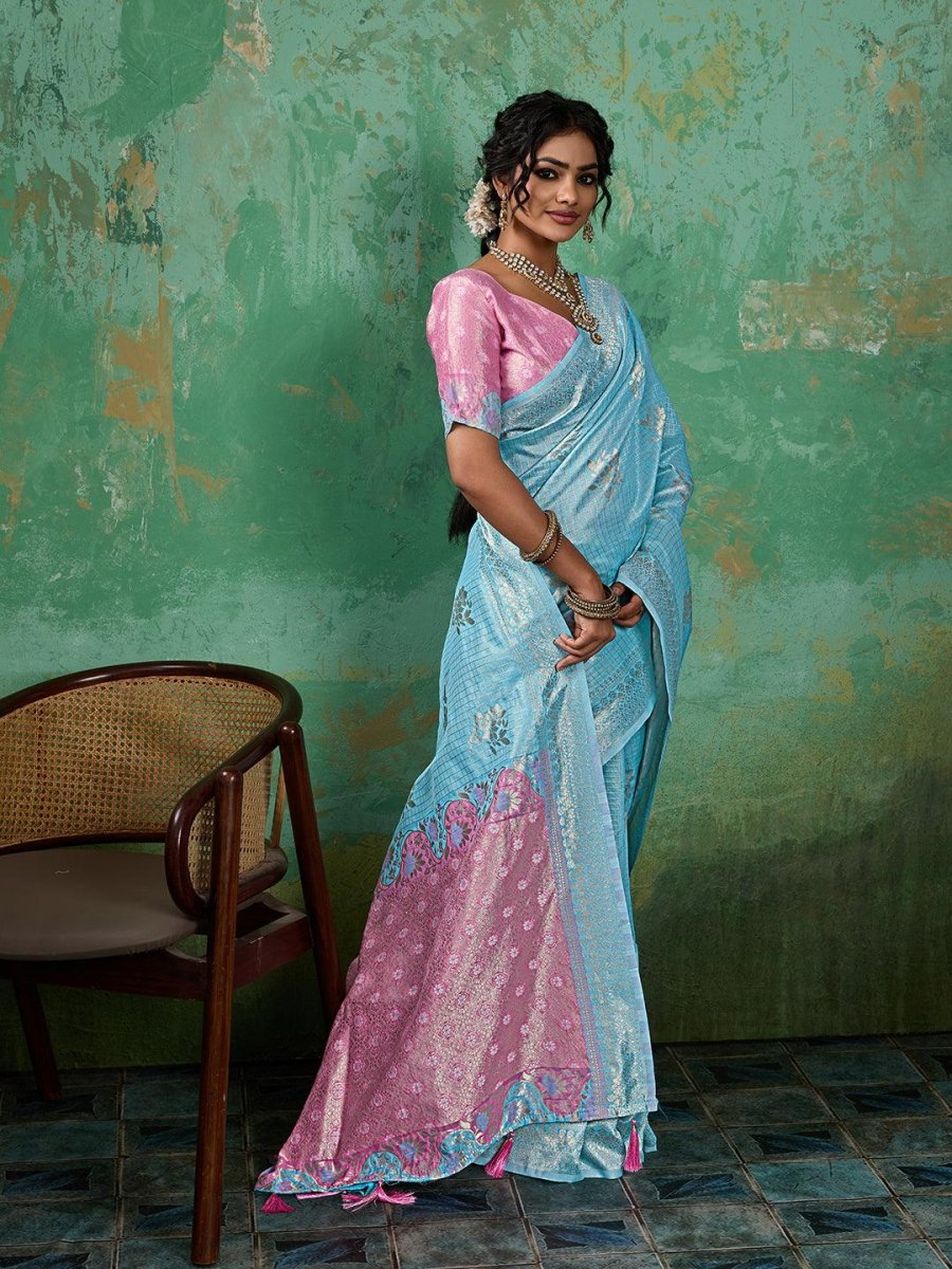 Sky Blue Linen Cotton Contrast Pallu Saree | EZB SI04 SUBLO1003 - EZBER