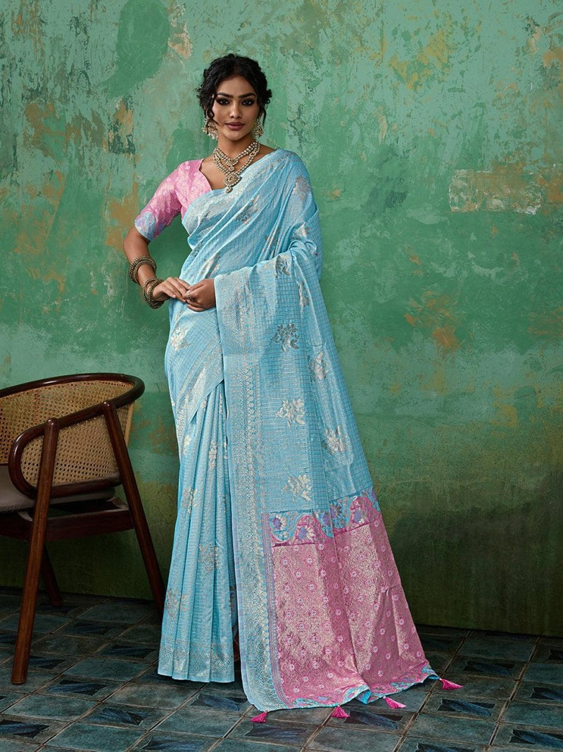 Sky Blue Linen Cotton Contrast Pallu Saree | EZB SI04 SUBLO1003 - EZBER
