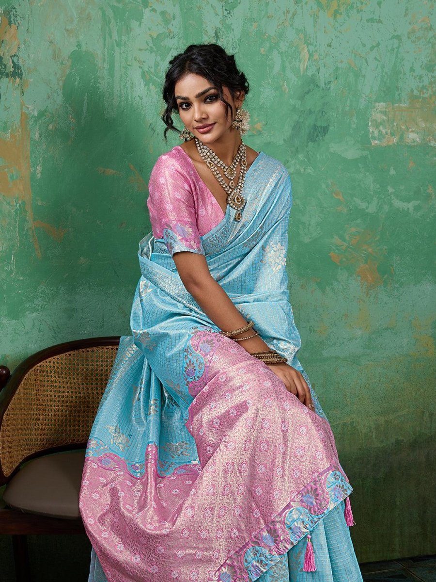Sky Blue Linen Cotton Contrast Pallu Saree | EZB SI04 SUBLO1003 - EZBER