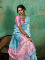 Sky Blue Linen Cotton Contrast Pallu Saree | EZB SI04 SUBLO1003