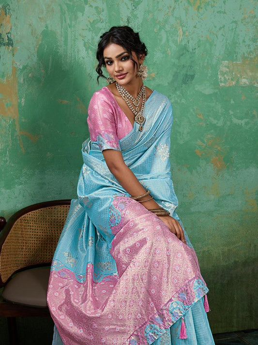 Sky Blue Linen Cotton Contrast Pallu Saree | EZB SI04 SUBLO1003 - EZBER