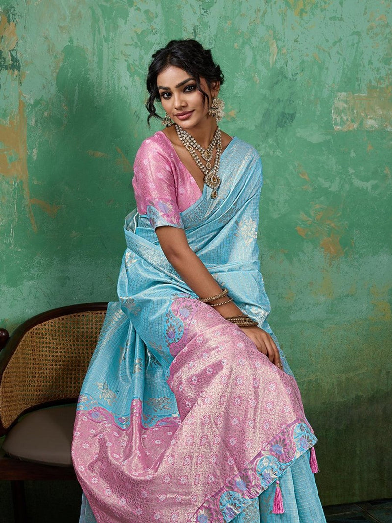 Sky Blue Linen Cotton Contrast Pallu Saree | EZB SI04 SUBLO1003 - EZBER