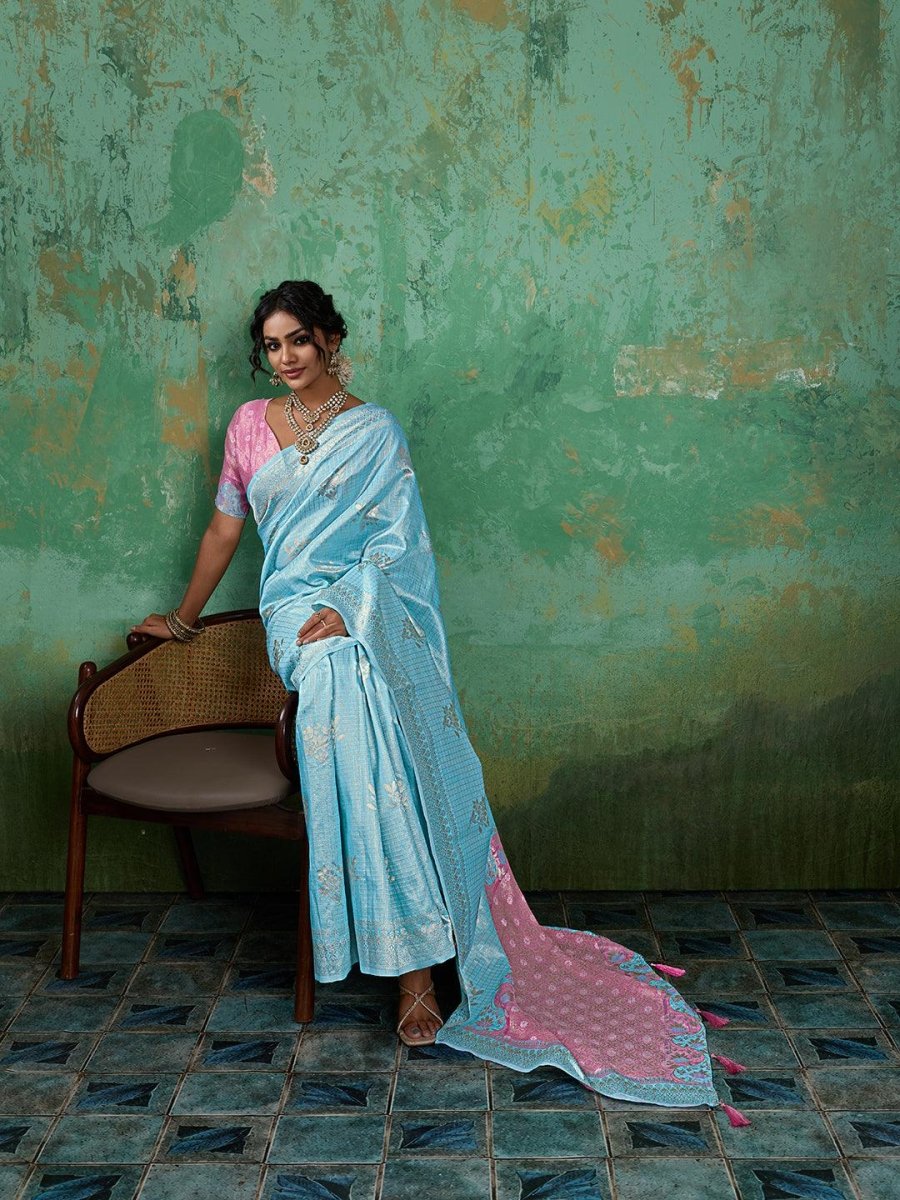 Sky Blue Linen Cotton Contrast Pallu Saree | EZB SI04 SUBLO1003 - EZBER
