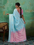 Sky Blue Linen Cotton Contrast Pallu Saree | EZB SI04 SUBLO1003 - EZBER