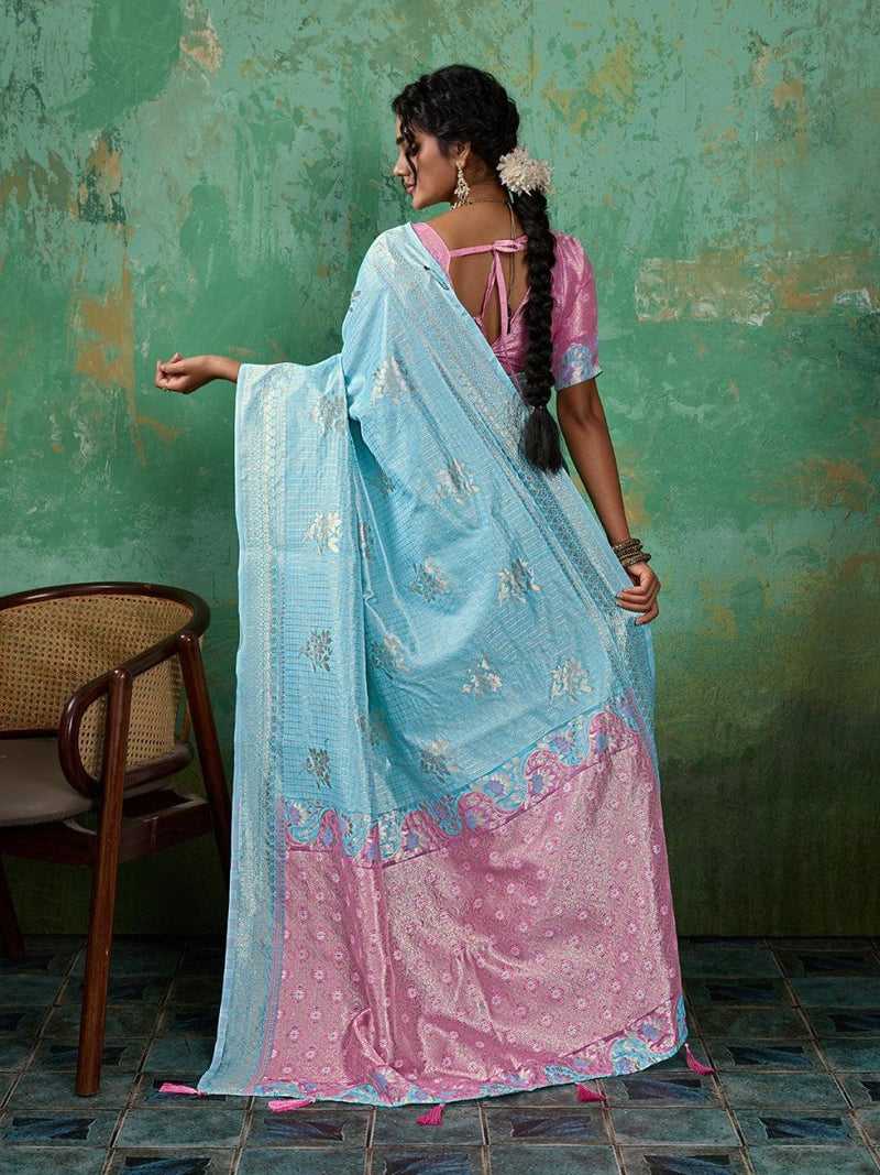 Sky Blue Linen Cotton Contrast Pallu Saree | EZB SI04 SUBLO1003 - EZBER