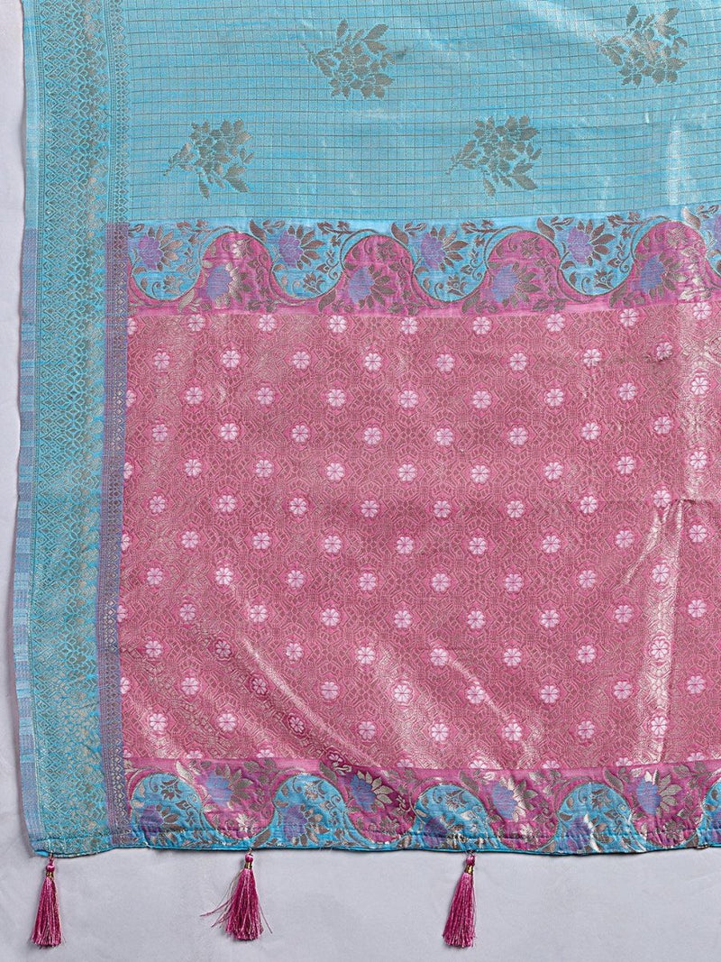 Sky Blue Linen Cotton Contrast Pallu Saree | EZB SI04 SUBLO1003 - EZBER